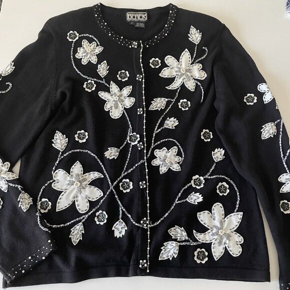 VTG Berek Sweater Cardigan Floral Bling Applique Pearls Black White 50's Medium - Picture 3 of 11